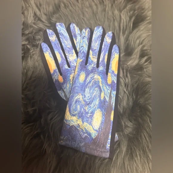Women’s The Starry Night Van Gogh Print Touch Screen Fall Winter Driving Gloves - Picture 2 of 4